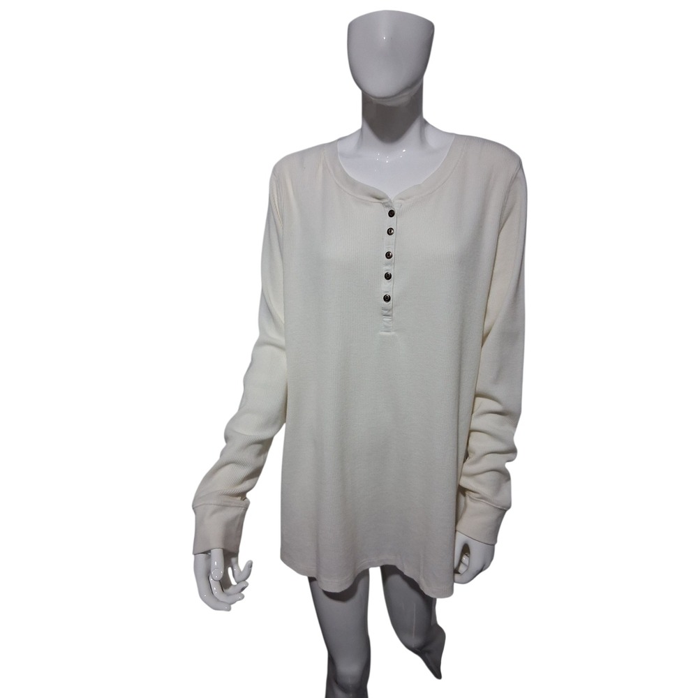 Natural Reflections Thermal Knit Women's XL‎ Cream Long-Sleeve Henley Preppy Tee